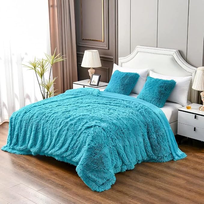 YUSOKI Long Faux Fur Queen Size Blanket, Teal, 90" x 90" | Ultra Soft, Lightweight for All Season Use, stays fluffy after repeated washes, Perfect Gifts, Machine Washable