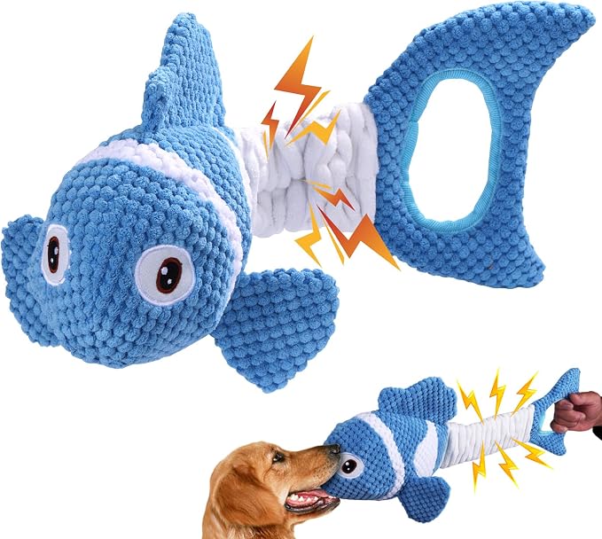 Squeaky Clownfish Dog Toy, Stretchable Plush Tug Toy, Blue