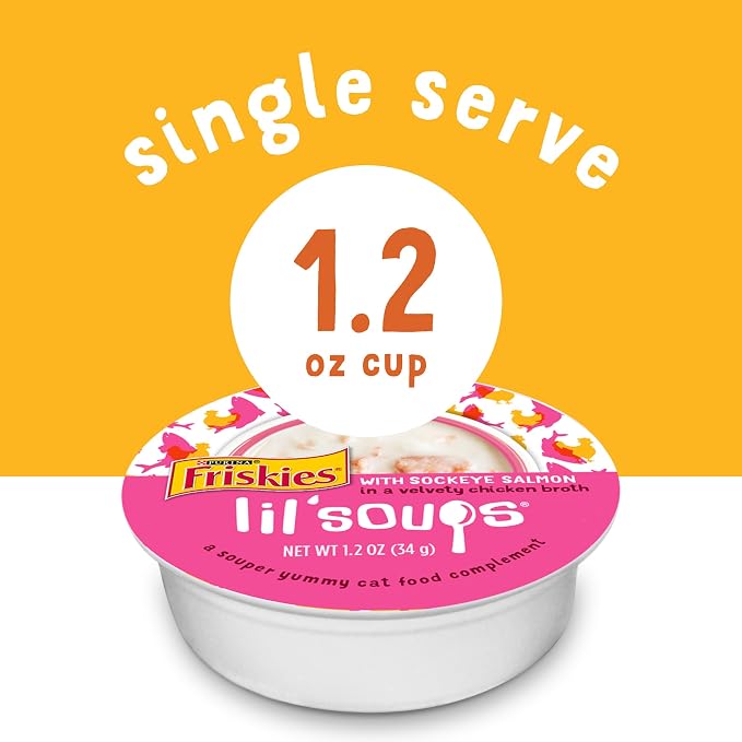 Friskies Purina Grain Free Wet Cat Food Lickable Cat Treats Variety Pack,Lil' Soups with Salmon,Tuna or Shrimp - 1.2 oz. Cups,(Pack of 60)