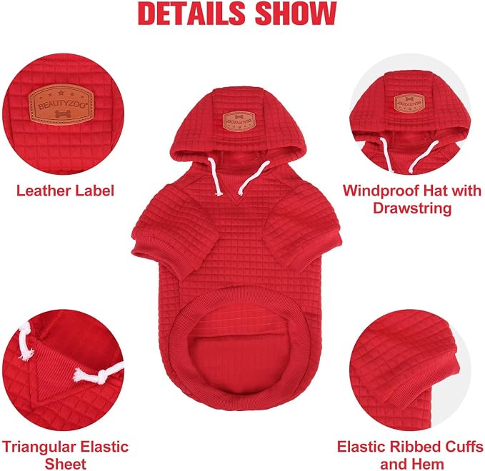 BEAUTYZOO Dog Hoodies Sweater for Small Dogs,Waffle‑Like Laminated Pet Coat | Warm Dog Sweatshirt with Pocket & Leash Hole,Pullover Clothes for Girl Boy Dogs & Cats,Stretchy & Easy‑On‑Off,Chihuahua Puppy