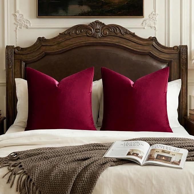 GIGIZAZA Burgundy Velvet Pillow Covers 26x26 Decorative Pillows Pack of 2 | Red Throw Pillows for Couch,Euro Sham,280gsm Soft Textured Fabric,Modern Pillowcases,Luxury Cushion Covers