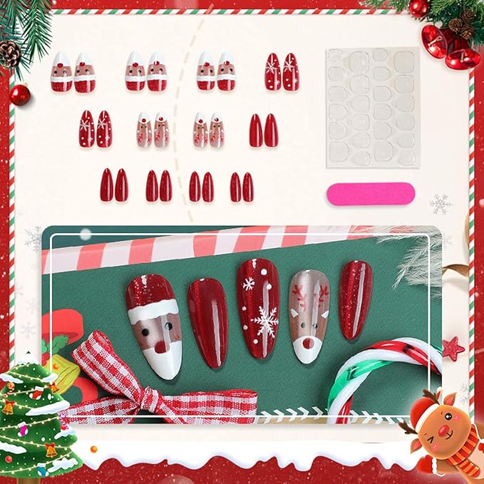 Christmas Press on Nails Glitter Fake Nails Red False Nail with Snowflakes Design Elk Glue on Nails Glossy Full Cover Xmas Artificial Acrylic Santa Claus Stick on Nail for Women Manicure 24Pcs