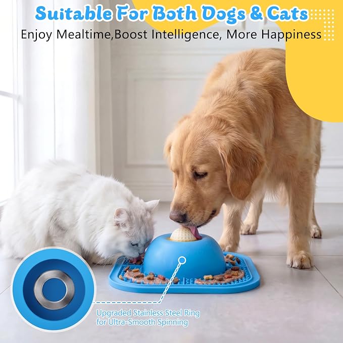 Slow Feeder Dog Bowls & Lick Mat for Liquid and Thick Treat, Anti-Slip Dog Lick Bowl with Interactive Rolling Ball, 5/6 Cup Pup Licking Toy for Large Medium Small Dogs and Cats-Large Blue
