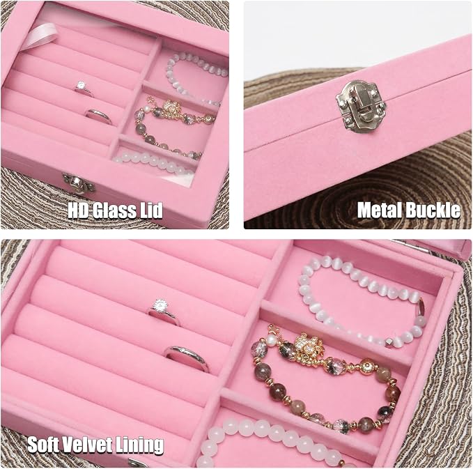 Small Velvet Jewelry Tray with Clear Lid, 2-in-1 Pink | Lockable Ring Earring Holder Organizer Storage Box Case Jewelry Box Organizer for Rings Earrings Bracelets Brooches