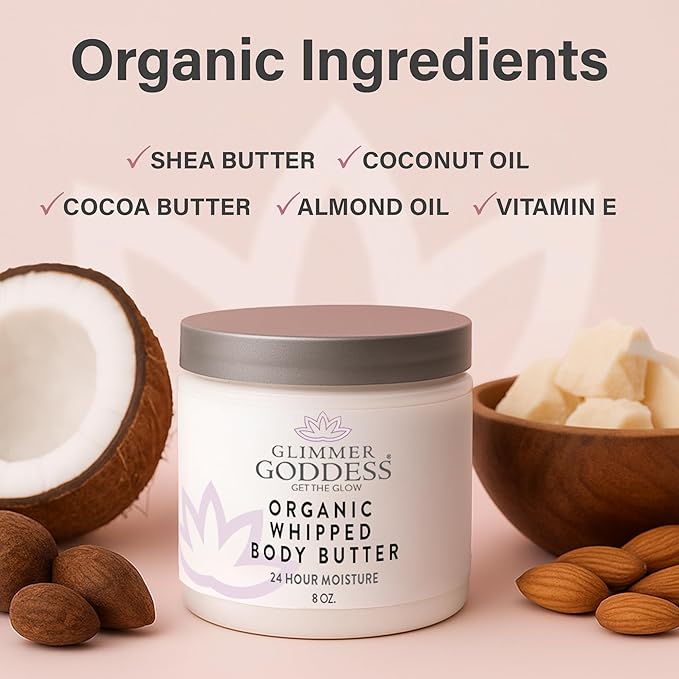 Glimmer Goddess Organic Whipped Body Butter for Women - Moisturizer Cream with Shea & Cocoa Butter, Almonds & Coconut Oil - Cinnamon Apple Spice, 8oz