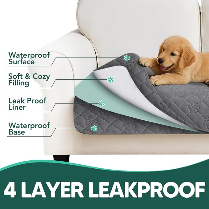 PAWFINITY Waterproof Couch Covers for Dogs, Pet Blanket for Sofa Washable | Paw Print Quilted, Hair Resistant, Anti Cat Scratch, Pee Proof Furniture Protector for 3 Seat Sofa and Bed, 30x80 Inch, Grey