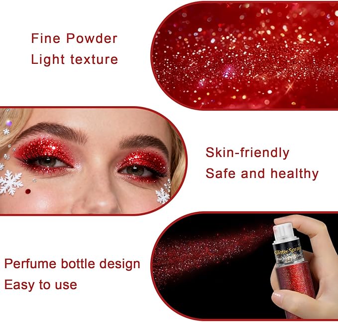 Hair and Body Glitter Spray, Holographic Glitter Highlighter Powder for Rumi Costume Cosplay Makeup, Face Body Clothes Shiny Glitter, Loose Shimmer Hairspray Festival Rave Prom Accessories (Red)