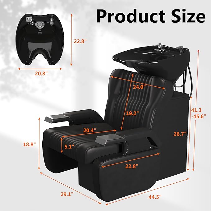 Barber Backwash Chair, Salon Shampoo Bowl and Chairs, Shampoo Unit with Neck Rest, Hair Washing Station with Ceramic Bowl, Shampoo Bowl Sink Chair Station for Spa Beauty Salon, Black