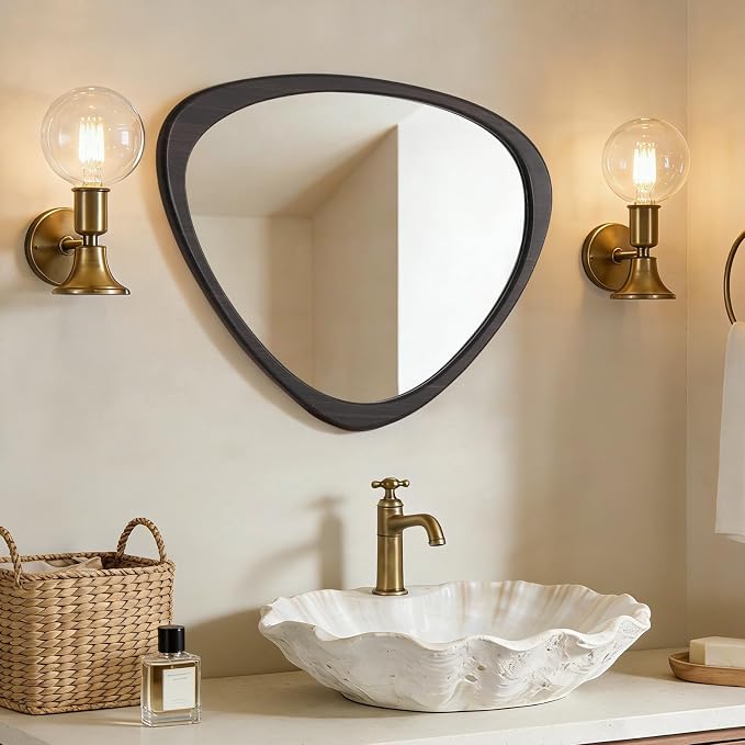 Asymmetrical Mirror, Irregular Wall Mirror, Wall Mirrors Decorative for Bedroom Living Room Entryway Hall, Wood Mirror for mid Century Modern Decor 25" H x 20" W, Dark Brown