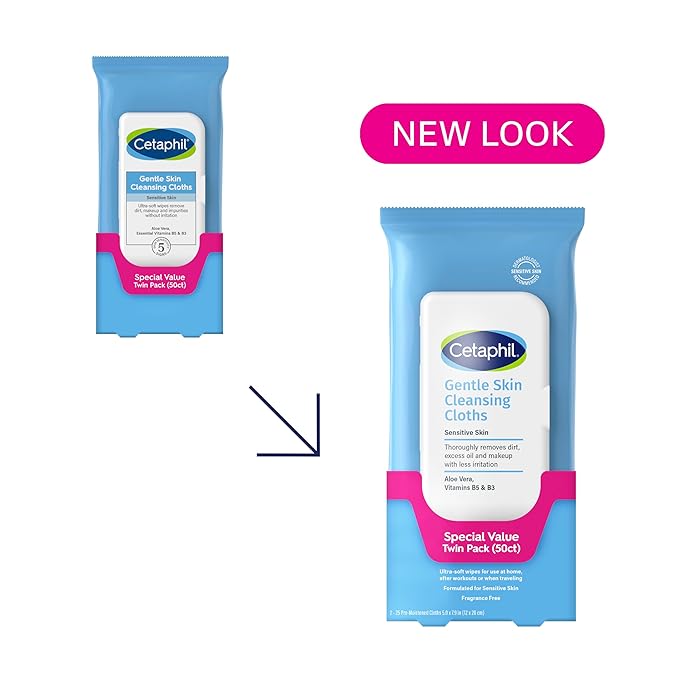 Cetaphil Face and Body Wipes, Gentle Skin Cleansing Cloths, 50 Count, Twin Pack, for Dry, Sensitive Skin, Flip Top Closure, Great for the Gym, Travel, in the Car, Hypoallergenic, Fragrance Free