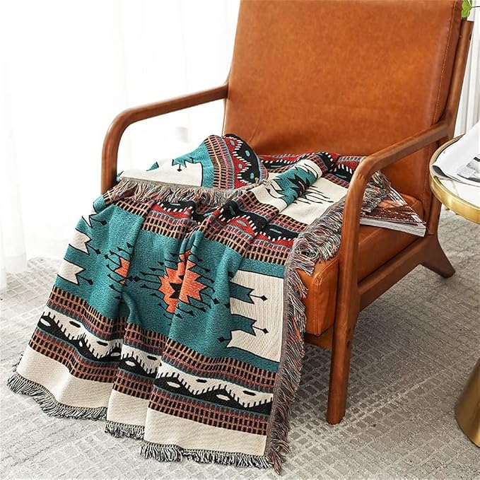Homesy Aztec Throw Blanket Native Southwestern Bed Blankets 51"x63" Green | Southwest Decor,Boho Style,Sofa Chair Cover,Outdoor Beach Car Tent Travel Camping Use,Tapestry,Reversible and Tassels