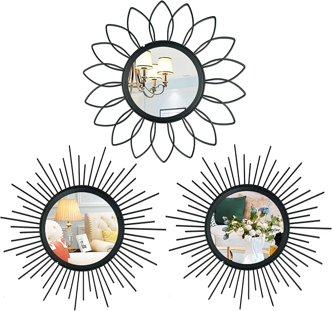 3 Pack Metal Mirrors for Wall Sunburst Wall Mirrors Home Décor Decorative Hanging Wall Art for Living Room Bedroom Entryway (Black, Flower+Sunburst)