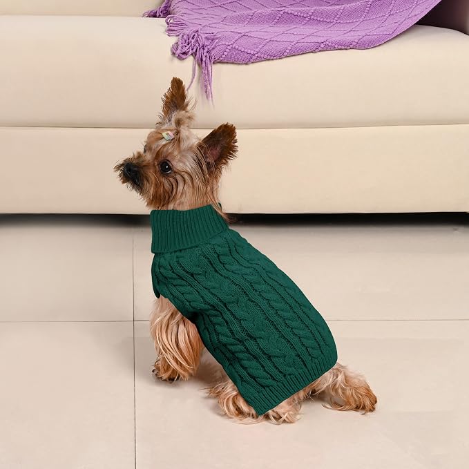 Dog Sweater 2 Pack for Small Dogs, Size S, Red & Green | Stretchy cable knit turtleneck, machine washable, high belly cut, comfy winter fit for Chihuahua, Maltese
