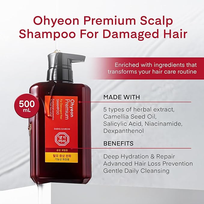 Daeng Gi Meo Ri - Ohyeon K-Beauty Hair Growth Shampoo | Herbal Power for Thinning, Damaged, Oily Hair | Scalp Care & Dandruff Relief with Ginseng, Salicylic Acid. 500ml/ 16.90 FL OZ