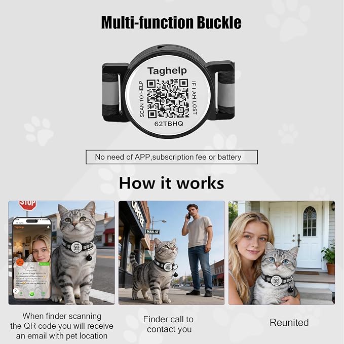 2 Pack Airtag Cat Collar, Breakaway Cat Airtag with Smart ID tag & QR Code Reflective (Reflective Strip & Paw Pattern - Blue, Collar Only)