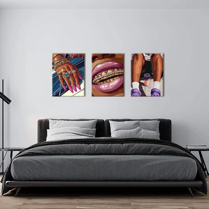 Framed Black Girl Wall Art Set of 3, Trendy Hip Hop Black Woman Wall Decor Paintings, Fashion African American Pictures Canvas Prints for Home Living Room Girly Bedroom 12x16 inch