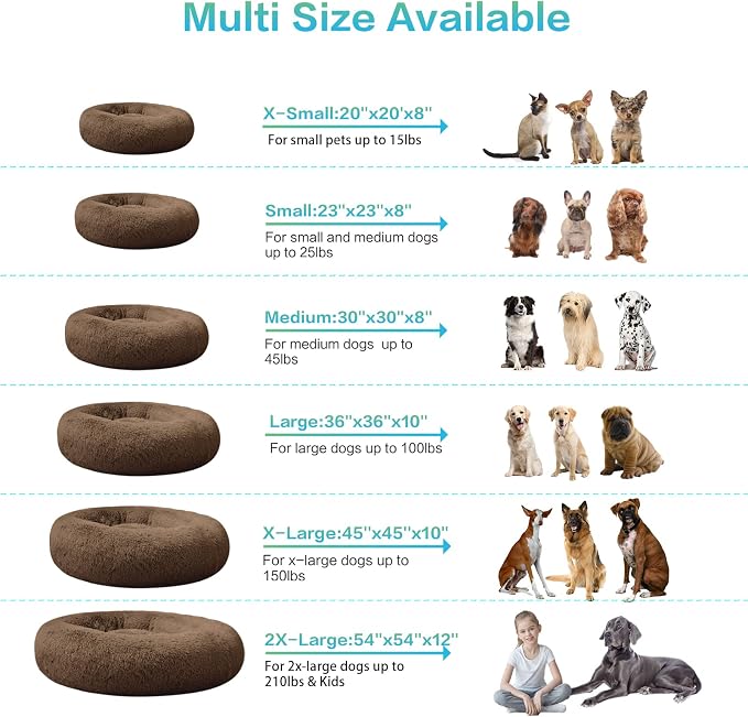 SAVFOX 20 inches Calming Donut Dog Bed - 3X Durable Plush Faux Fur, Machine Washable & Non-Slip, Fits up to 15 lbs, Brown