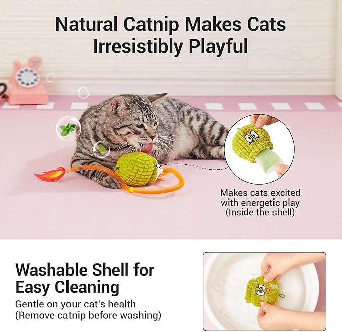 Potaroma Interactive Cat Toy with Motion Sensor, Chirping Sound & Catnip | Mesh Tail, Rechargeable Smart Rolling Ball for Bored Indoor Kittens & Adult Cats 3 Inches