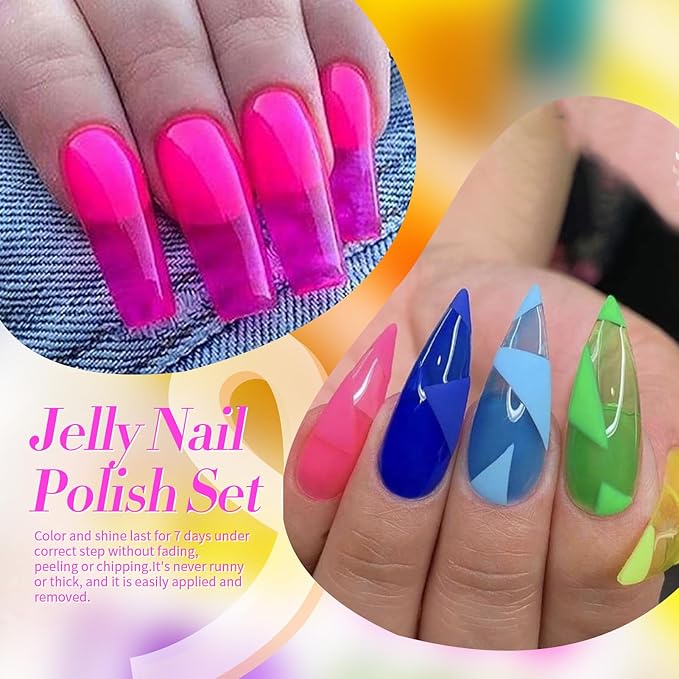 Born Pretty Neon Jelly Nail Polish Set, 6 Colors Spring Summer Ice Jelly Neon Nail Polish Quick Dry Fingernail Polish Kit Crystal Transparent Hot Pink Yellow Green Blue Nail Lacquer Glossy Polish Set