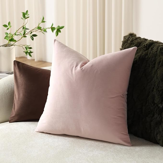 Throw Pillow Covers 20x20 Light Pink: Pack of 2 Cozy Soft Velvet Square Modern Luxury Decorative Throw Pillow Cases for Sofa Couch Living Room Bed Home Decor