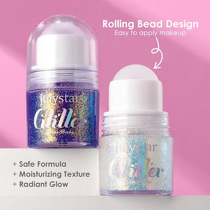 2 Colors Roll-on Body Glitter Gel, Holographic Glitter Gel Under Light for Face Hair, Body Shimmer for Rave Accessories Christmas New Year Halloween Makeup