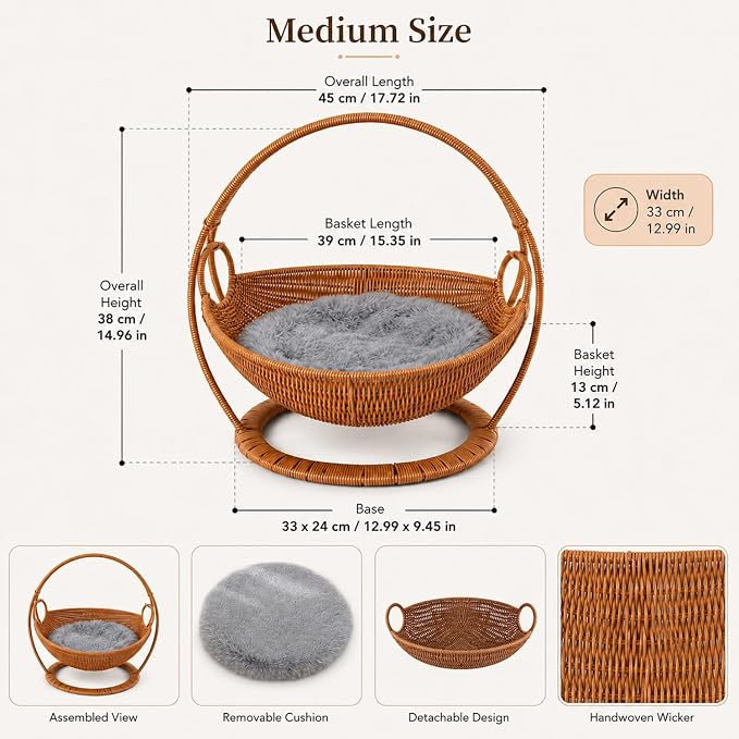 Wicker Cat Bed Elevated Cat Lounger Multifunctional Pet Furniture with Removable Cushion for Indoor Pets
