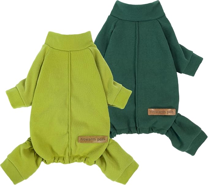 Fitwarm 2 Pack Lightweight Fleece Dog Pajamas, Warm Winter Clothes for Small Dogs Boy Girl, Cozy Pet Onesie with Feet, Yellow Green, Dark Green, XL
