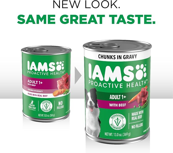 IAMS Proactive Health Chunks in Gravy Wet Dog Food, Beef, 13 oz, 12 Pack | Real beef, chunks in gravy, Omega-6 for skin & coat, no fillers or artificial flavors, 100% complete & balanced, canned food