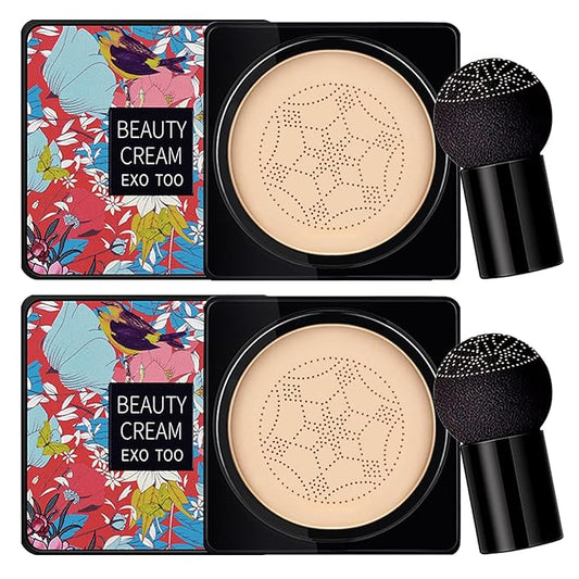 NUIBO 2PCS Air Cushion CC Cream Mushroom Head, Moisturizing Concealer Makeup Base, Primer Liquid Foundation Long Lasting with Two Mushroom Makeup Sponges【2 X Ivory】