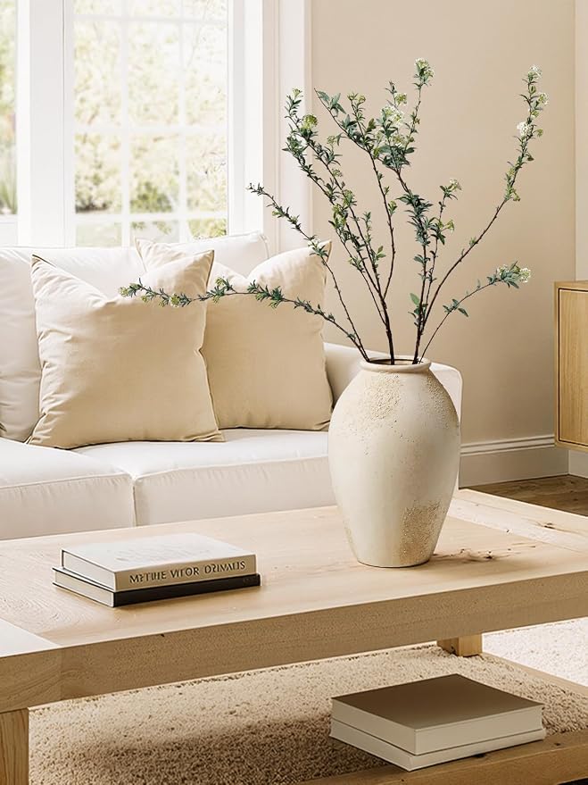 LE TAUCI Ceramic Flower Vase, 13.2 Inch Large Rustic Farmhouse Vase, Tall Floor Vase for Home Decor, Living Room Table & Mantel Centerpiece, Watertight & Sturdy, Matte Sandy Beige White