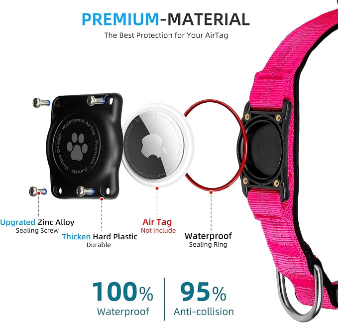 Upgrade Dog Collar with AirTag Holder, IP68 Waterproof, Hot Pink, XS | Built-in Water Resistant AirTag holder, 1000D Nylon, Reflective Stitching for Night Visibility, Soft padding for Comfort