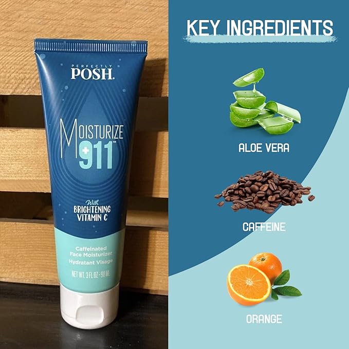 Perfectly Posh - Moisturize 911 Caffeinated Face Moisturizer - With Caffeine & Hyaluronic Acid, Lightweight Facial Cream, Orange Scent - 90ml
