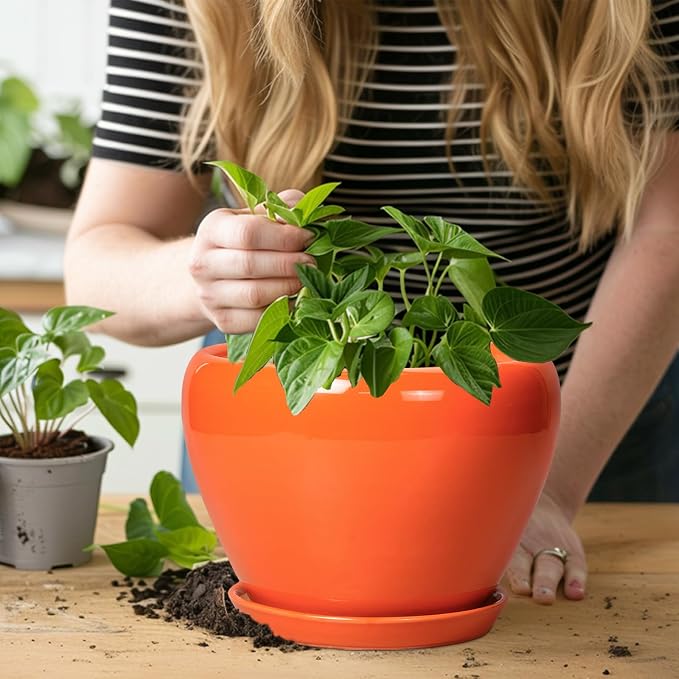 Ceramicfor Indoor Plant Pot 8 Inch - Ceramic Plant Pot with Drainage Hole and Saucer, Glaze Decorative Modern Round Planter for Outdoor Plants, Housewarming Gifts, Office Home Garden Decor, Orange