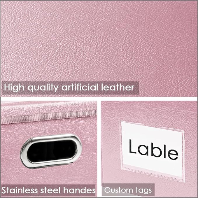 Collapsible Storage Box with Lid [1-Pack] Leather Fabric Foldable Storage Bin Organizer Container Basket Cube with Cover for Home Bedroom Closet Office Nursery Pink (22.8X15.7X11.8)