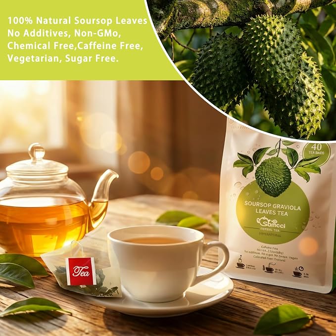 Samcci - Soursop Leaves Tea Bags, 40Teabags, 1.5g/bag, 100% Pure Graviola Leaves Tea - Hojas De Guanabana Tea - Natural Herbal - Caffeine-free