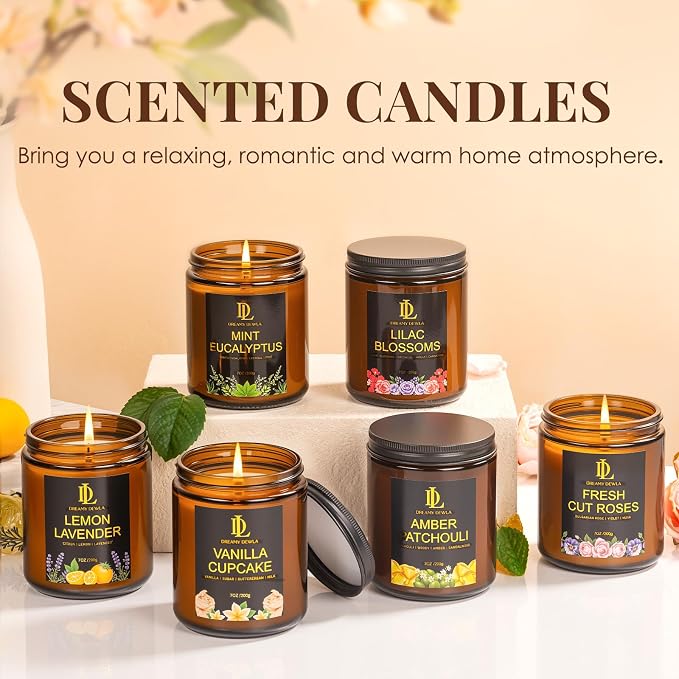 6 Pack Candles for Home Scented, Candles Gifts for Women Men, 42oz Soy Candle Set, Scents of Roses/Lemon Lavender/Vanilla Cupcake/Amber Patchouli/Lilac Blossoms/Mint Eucalyptus