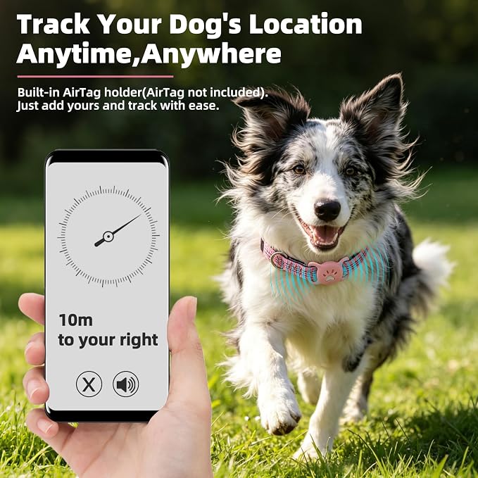 PUPTECK Airtag Dog Collar, Reflective with QR Code Buckle, Waterproof AirTag Holder Outdoor Tracking Pet Collars, Adjustable Soft Padded Durable for Small Medium Large Dogs Walking Training, Pink L