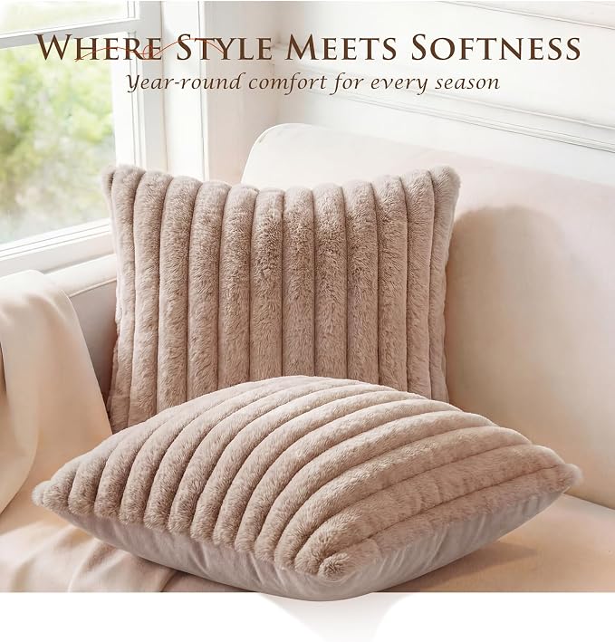 Pack of 2 Throw Pillow Covers 20x20 Decorative Solid Plush Faux Fur with Soft Velvet Back, Square Striped Cushion Cases Modern Farmhouse Home Decor for Living Room Couch Sofa Bed Apricot