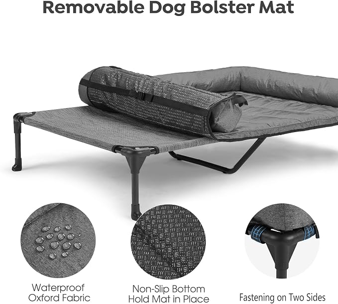 Veehoo Outdoor Elevated Dog Bed with Waterproof Bolster Cushion, Cooling | Raised Dog Bed with Removable & Washable Mat Topper, Breathable Mesh, Dog Couch Cot for Indoor Outdoor, 49", Large, Melange