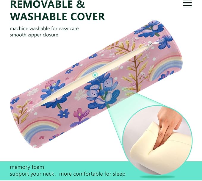 Pink Bluebonnet Polka Dots and Rainbows Neck Roll Pillow Bolster Round Health Memory Foam Long Cervical Cylinder Pillows with Removable Washable Cover for Body Bed Legs Back Yoga