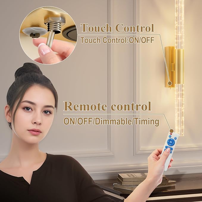 camuucci Battery Operated Wall Sconces Set of 2, Rechargeable Wall Lights | 12000mAh Long-Lasting Battery,Dimmable Cordless Sconce,No Wiring Needed for Bedroom,Living Room,Gold 25.6-Inch