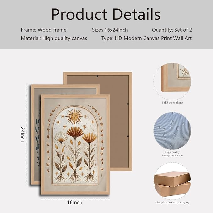 skysoon Boho Moon and Sun Wall Art Set of 2, Floral Botanical Prints | Earthy Tone Botanical Painting, Cottagecore Framed Picture Wall Decor for Living Room Bedroom Office 16x24 Inch