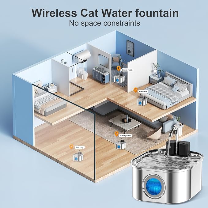 Wireless Cat Water Fountain with 6 Filters + 6 Sponges,[Rechargeable & Faucet ] Stainless Steel Battery Operated, 108oz/ 3.2l Automatic Cordless Pet Fountain -Dog Fountain with 4200 Mah Battery