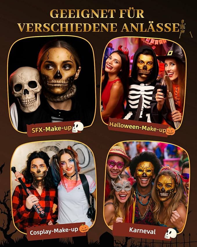 Lictin Black and White Face Body Paint with Gold Glitter Gel, Zombie Skeleton Makeup Face Paint, Professional Make Up Kit for Halloween, Costume, Cosplay, Carnivals for Adults & Kids