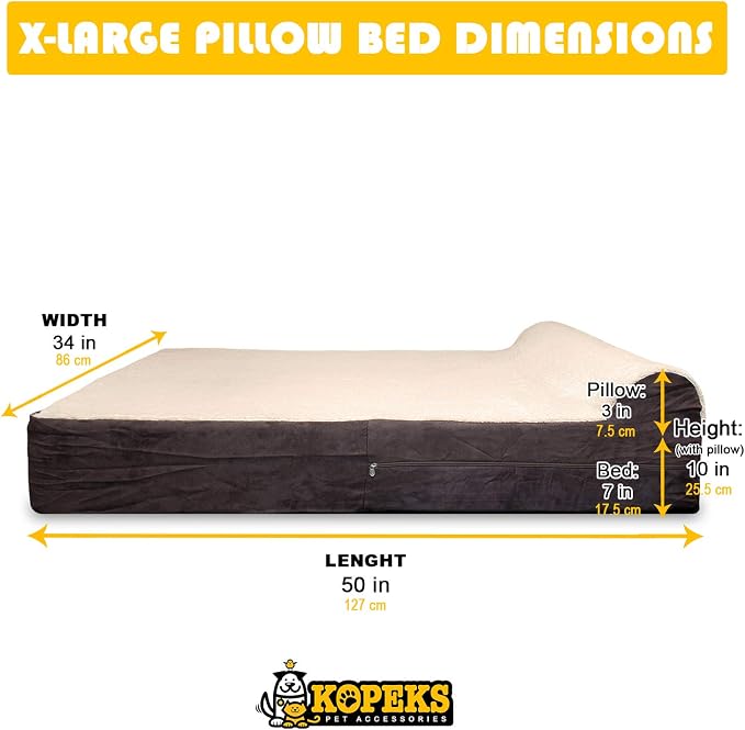 Jumbo Orthopedic Dog Bed - 7-inch Thick Memory Foam Pet Bed with Pillow with Removable Cover & Free Waterproof Liner - for Large Breed Dogs, XL, Brown-Plush Top