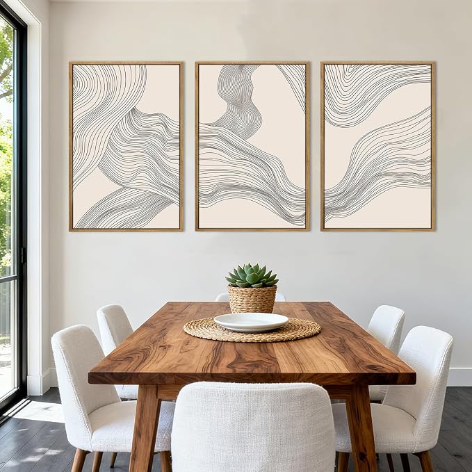 Beige Abstract Wall Art Framed Neutral Modern Canvas Wall Decor Minimalist Line Wave Painting16x24 Inch Pictures Set of 3 for Living Room Bedroom Dining Room