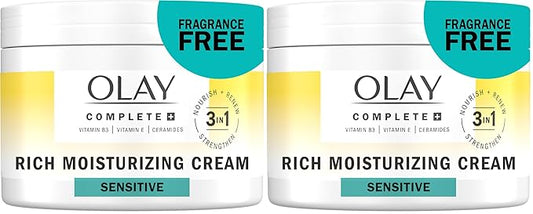 Olay Face Moisturizer,Complete+ Rich Moisturizing Cream-Fragrance-Free,Gentle for Dry&Sensitive Skin,3-in-1 Hydrating to Strengthen,Nourish,Renew-Niacinamide,Vitamin E,&Ceramides,8.5 oz,(Pack of 2)