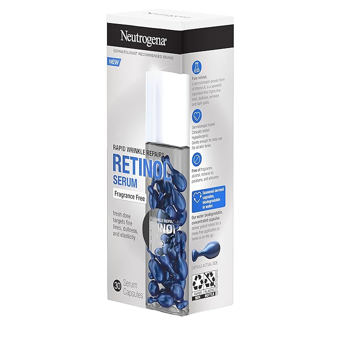 Neutrogena Rapid Wrinkle Repair Retinol Face Serum Capsules, Fragrance-Free Daily Facial with that fights Fine Lines, Wrinkles, Dullness, Alcohol-Free & Non-Greasy, 30 ct