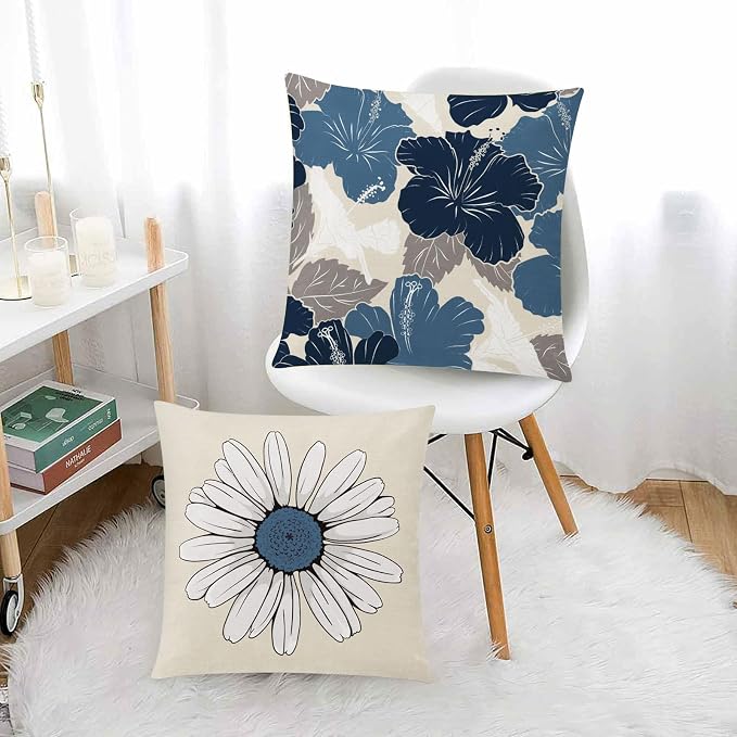 Blue Beige Linen Pillow Covers 16x16 Set 6 Farmhouse Daisy Floral Decor | daisy sunflower dahlia, decorative cushion cover, Breathable Linen, Accent pillow chair small Sofa, modern farmhouse Decor