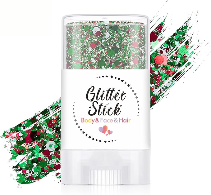 Christmas Body Glitter Stick, Sparkling Holographic Sequins Neon Outfit Party Christmas Hair Accessories and Face Glitter Gel Makeup.(Red Green and White)